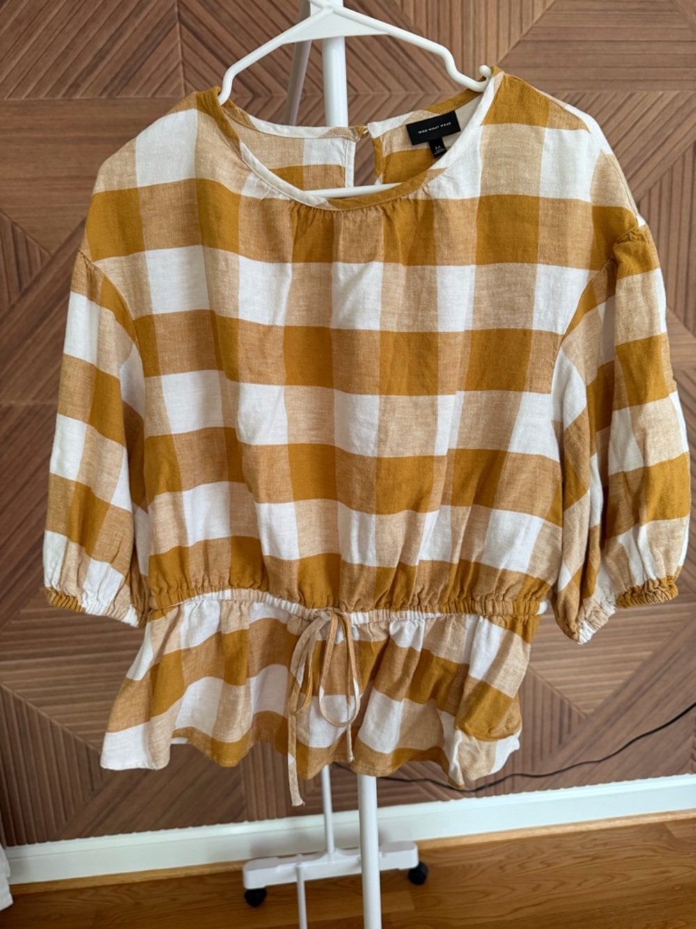 Who What Wear Mustard and White Checked Drawstring Peplum Blouse